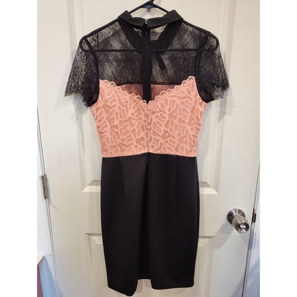 Women's New York and Co. Short Sleeve Eyelash Lace Dress Black Pink Small - Picture 2 of 8